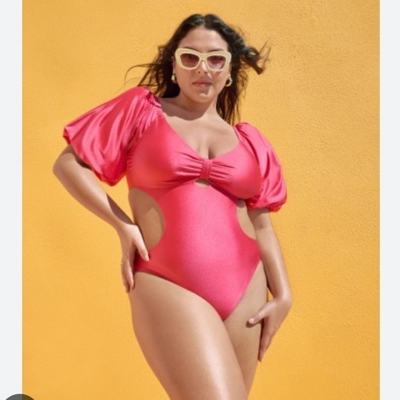 Fe Noel X Target  Metallic Puff Sleeve Cut Out One Piece Swimsuit NWOT - Picture 1 of 5